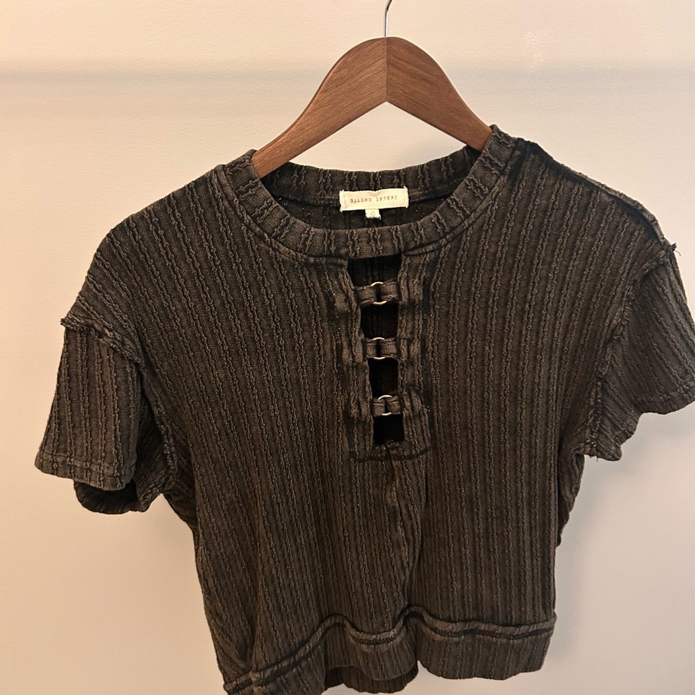 Gilded Intent Black Ribbed Crop Top with Buckle Accents